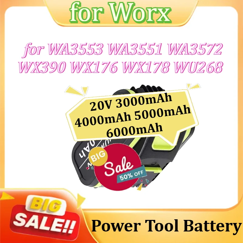 

Аккумулятор для электроинструментов Worx WA3553 WA3551 WA3572 WX390 WX176 WX178 WU268, сменный литий-ионный аккумулятор 20В 3000/4000/5000/6000мАч