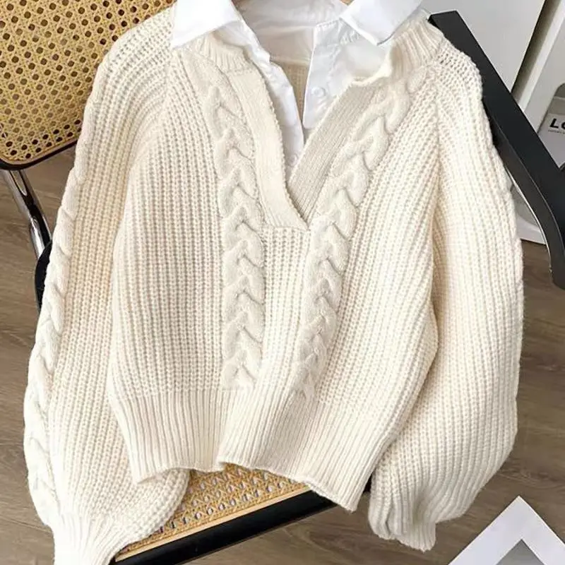 Falso suéter de dos piezas para mujer Otoño Invierno nuevo estilo japonés perezoso Retro Casual desplazamientos Polo cuello suéter corto Top