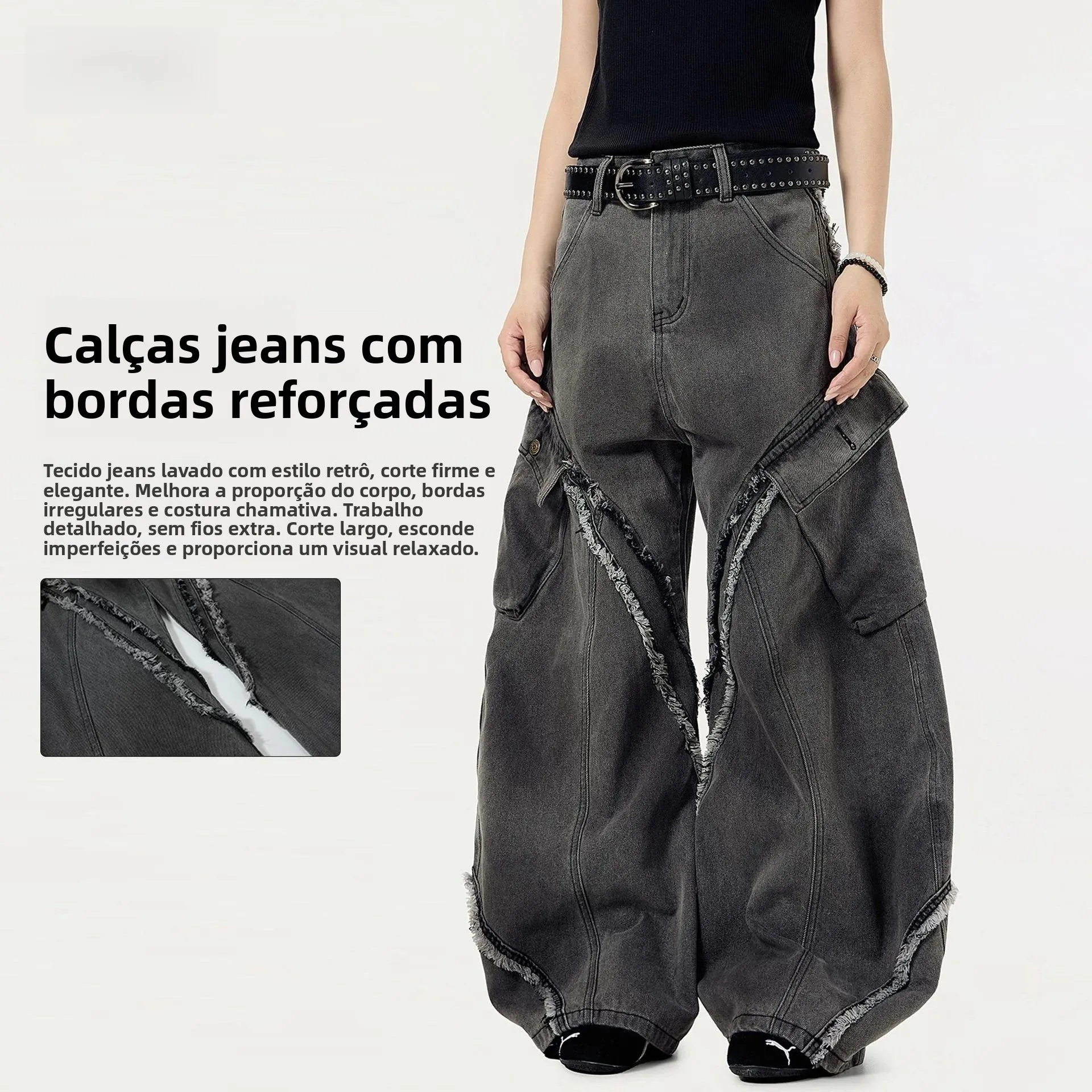 Calça Jeans Feminina Oreeta Americana Retrô com Corte Afiado, Cintura Alta, Perna Reta, Casual, Vintage, Desfiada, Perna Larg...