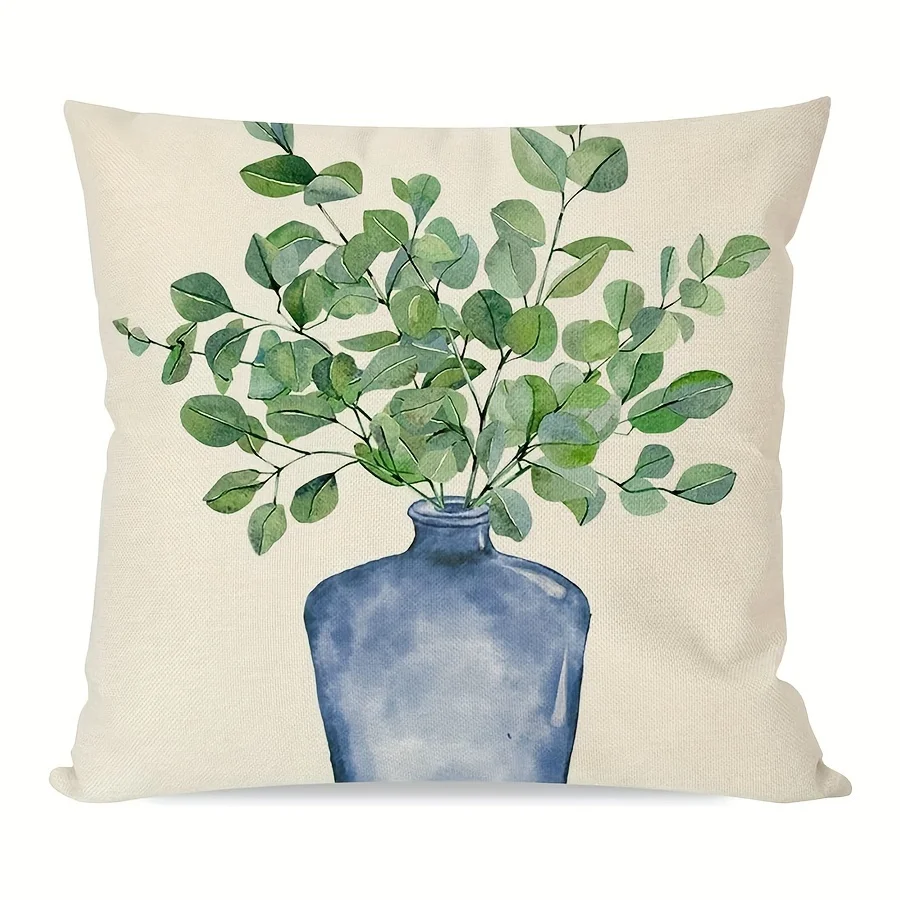 1pc Linen Eucalyptus Greenery Throw Pillow Covers Blue Vase Mason Jar Green Leaves Outdoor Farmhouse Decorations Decorative Thro