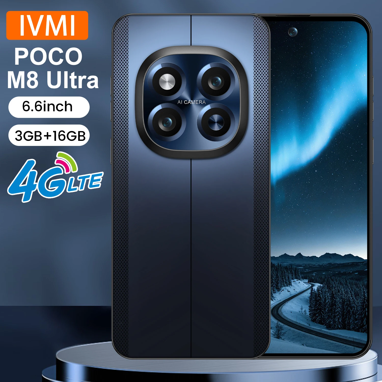 IVMI POCO M8 Ultra Smartphones Android Dual SIM 6.6" 3GB RAM 16GB ROM 5+13MP WIFI GPS Google Play Store 4G Face ID Mobile Phones