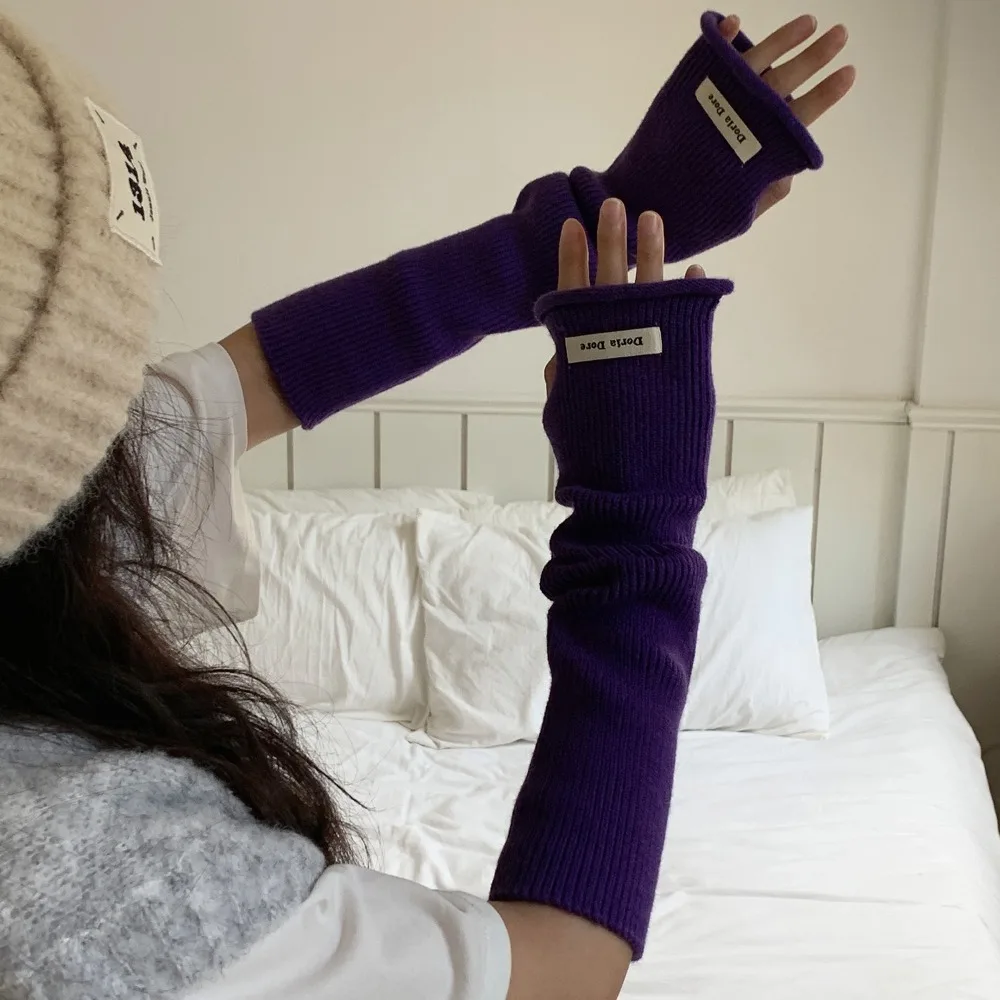 

Long Wrist Guard Korean Style Knitted Warm Sleeves Hole Y2k Woolen Arm Gloves Sweet Solid Color Warm Arm Covers Spring