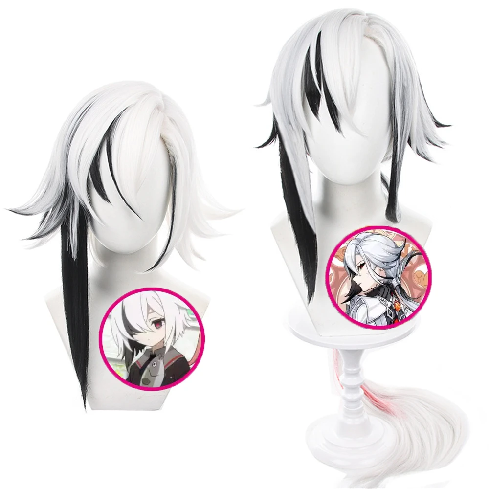 

High Quality Fontaine Arlecchino Cosplay Wig The Knave White Black Heat Resistant Synthetic Arlecchino Wigs + Wig Cap