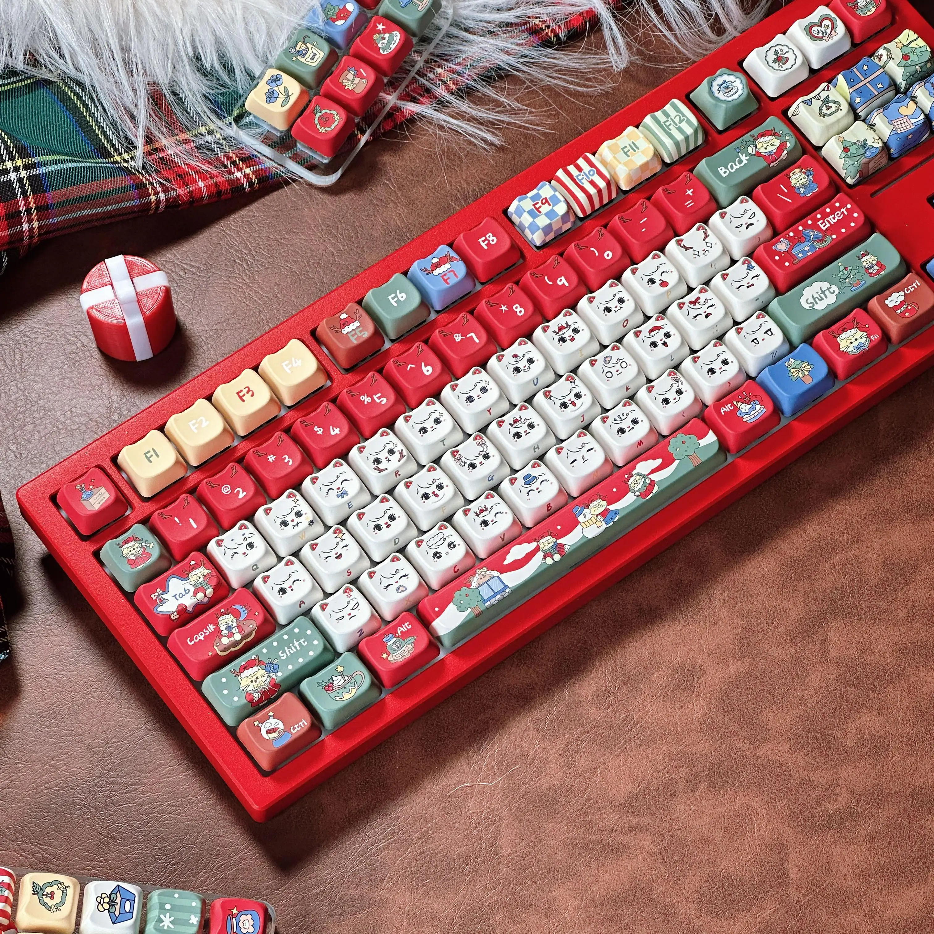 Meow Christmas Theme Keycap MAO Profile 142 Keys Cute Cat Head PBT Sublimation KeyCap Winter Letters Mechanical Keyboard Keycaps