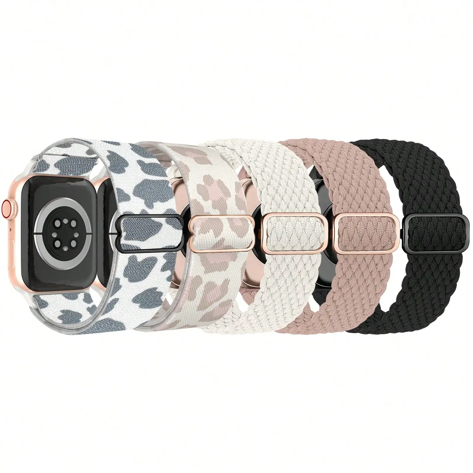 

Набор из 5 плетеных ремешков для умных часов в стиле Solo Loop, для смарт-часов диаметром 38-49 мм, эластичные браслеты с леопардовым принтом и однотонные.