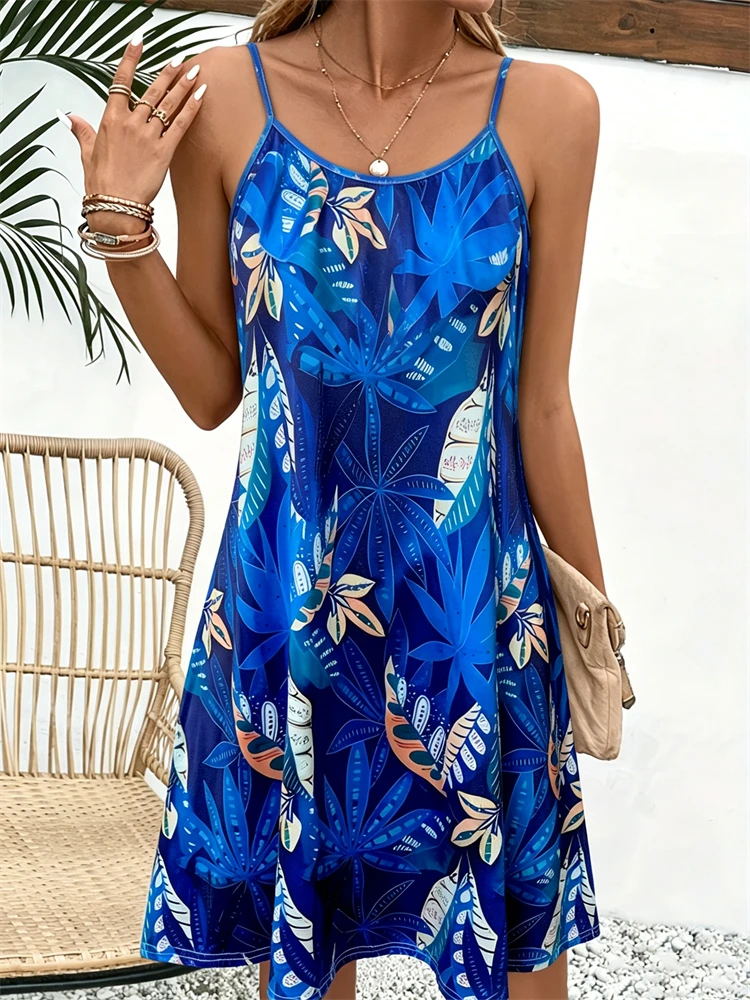 Women's Summer Round-Neck Spaghetti-Strap Printed Dress Casual Dress for Vacations Beaches, and Parties Flowy Lightweight Dress