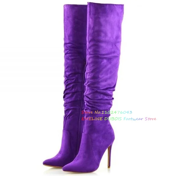 Newest Purple Suede Women Knee High Boots Pointed Toe Thin High Heel Fold Side Zipper Fashion Runway Boot Color Customized