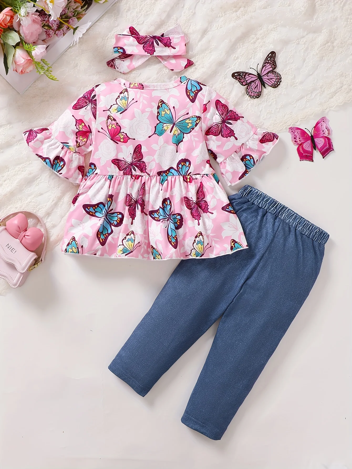 ملابس شتوية للفتيات الصغيرات، مجموعة ملابس جينز لطيفة على شكل فراشة