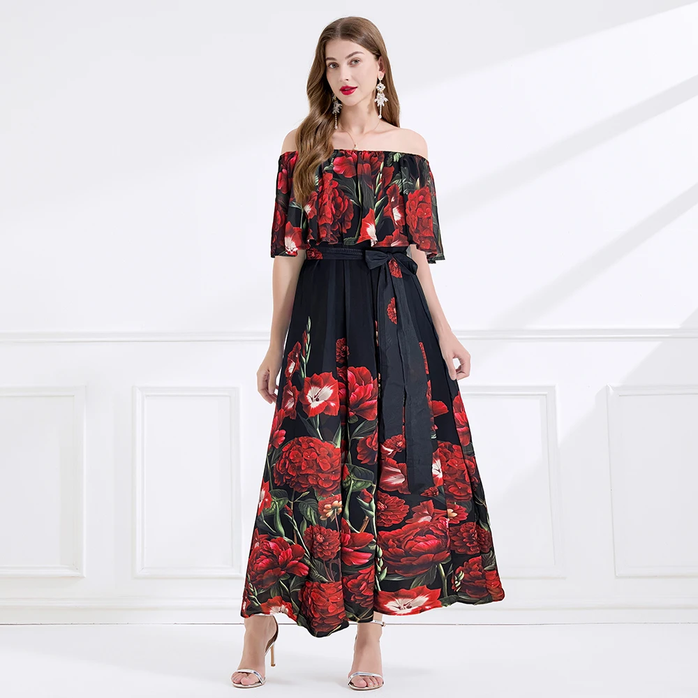 

Женское модельное платье с коротким рукавом, праздничное дизайнерское платье миди с красным, синим, белым фарфоровым принтом, длинные летние платья для отпуска