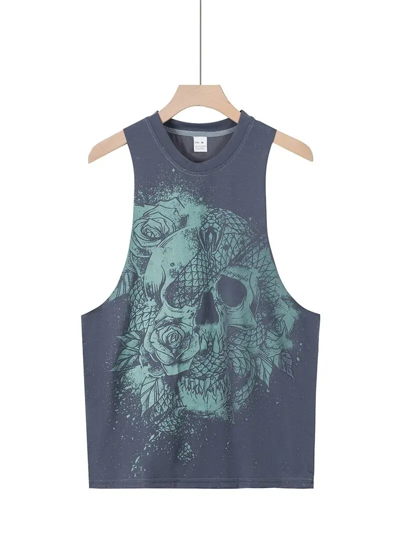 025 Summer fitness Tank Top Men Fashio Comfortable Printed Loose tops Retro Style Sports Leisure Sleeveless vest Men sportswear