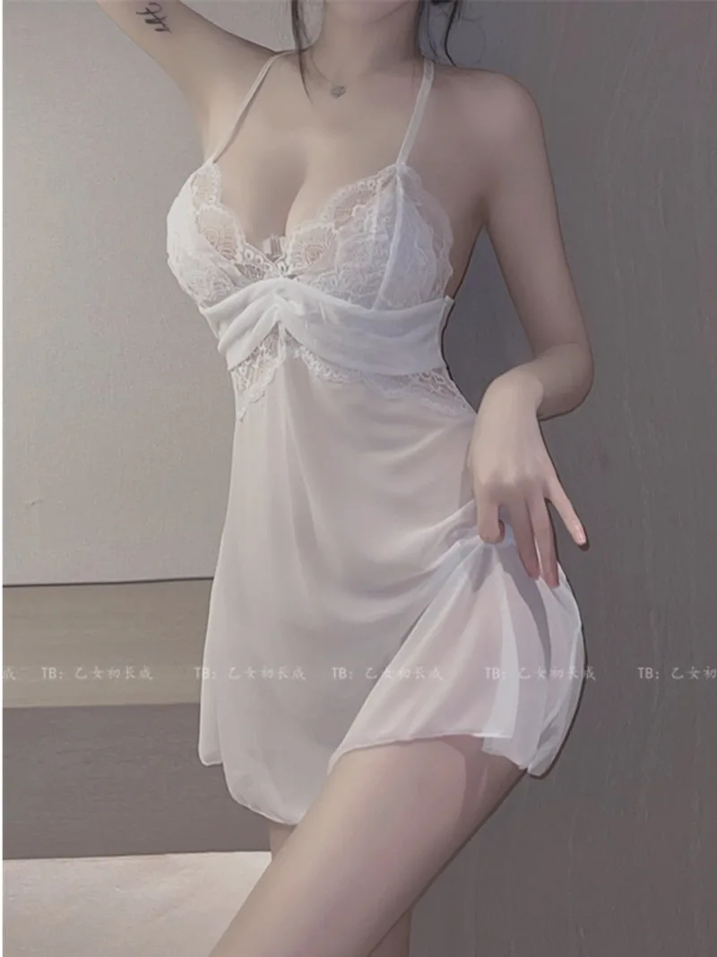 

2023 Summer New White Tea Girl Sexy Hot Mesh Perspective Camisole Lace Pajama Dress Backless Temptation Pajama Mini Dress P08R