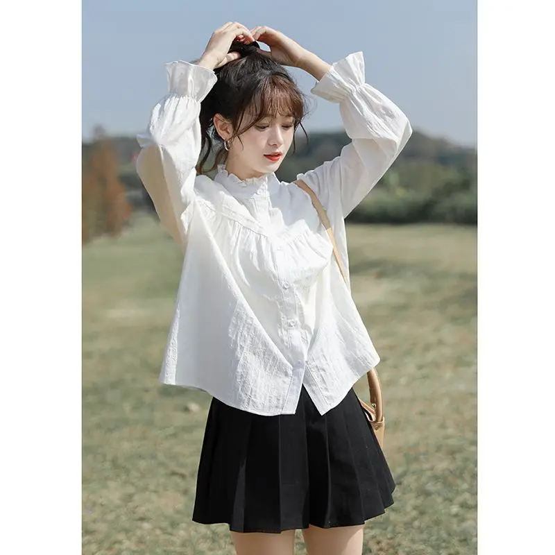 Ruffles Shirts and Blouses Korea Solid Women Shirt Long Sleeve Top Female Autumn Fashion Blouse 2024 Button White Clothes New