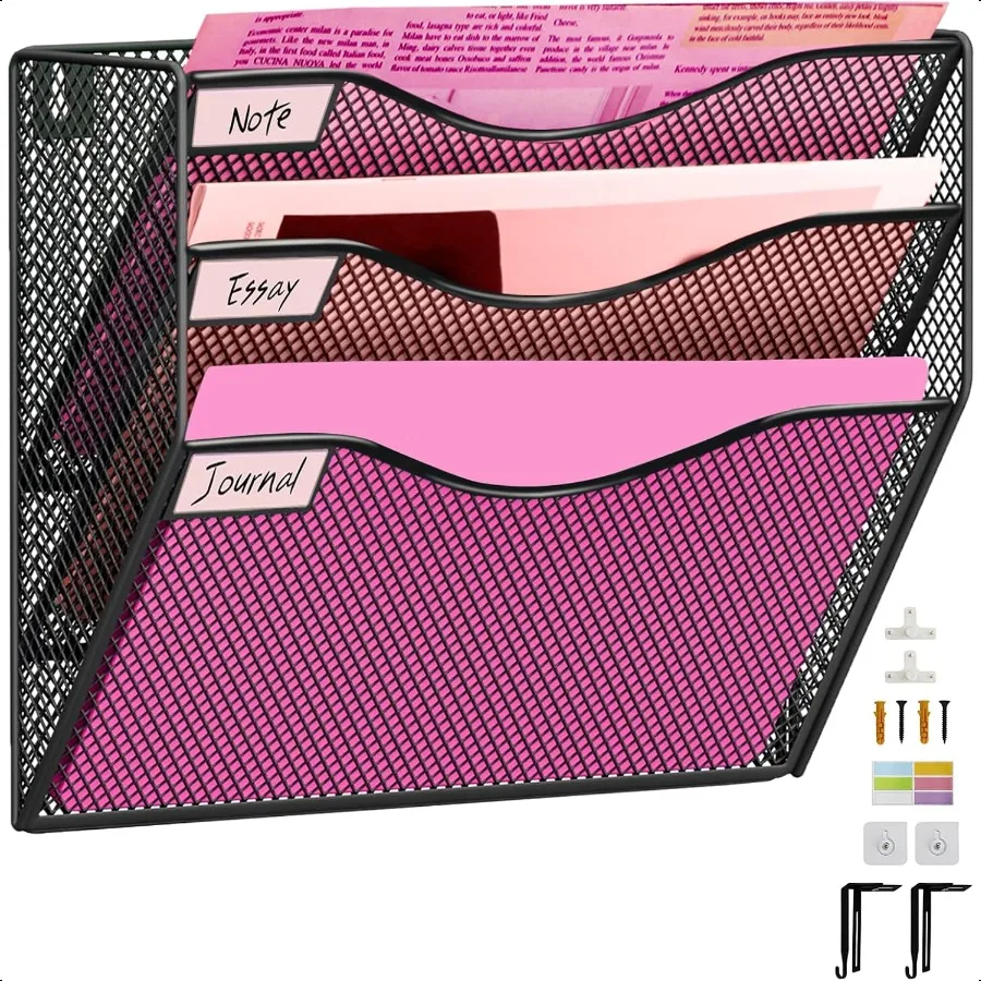 

3 Pockets Mesh Wall File Holder Organizer Office Hanging File Folder Magazine Rack Nametag Label Hooks Set Included Black Large
