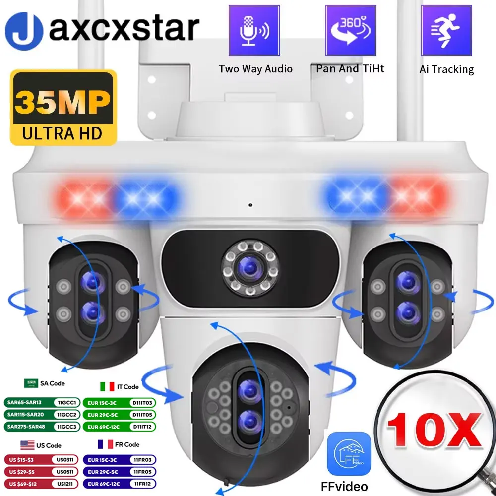 

35MP 4-screen 7 Lens 10X ZOOM WiFi PTZ Security Camera Outdoor Waterproof Automatic Tracking CCTV Surveillance Camera