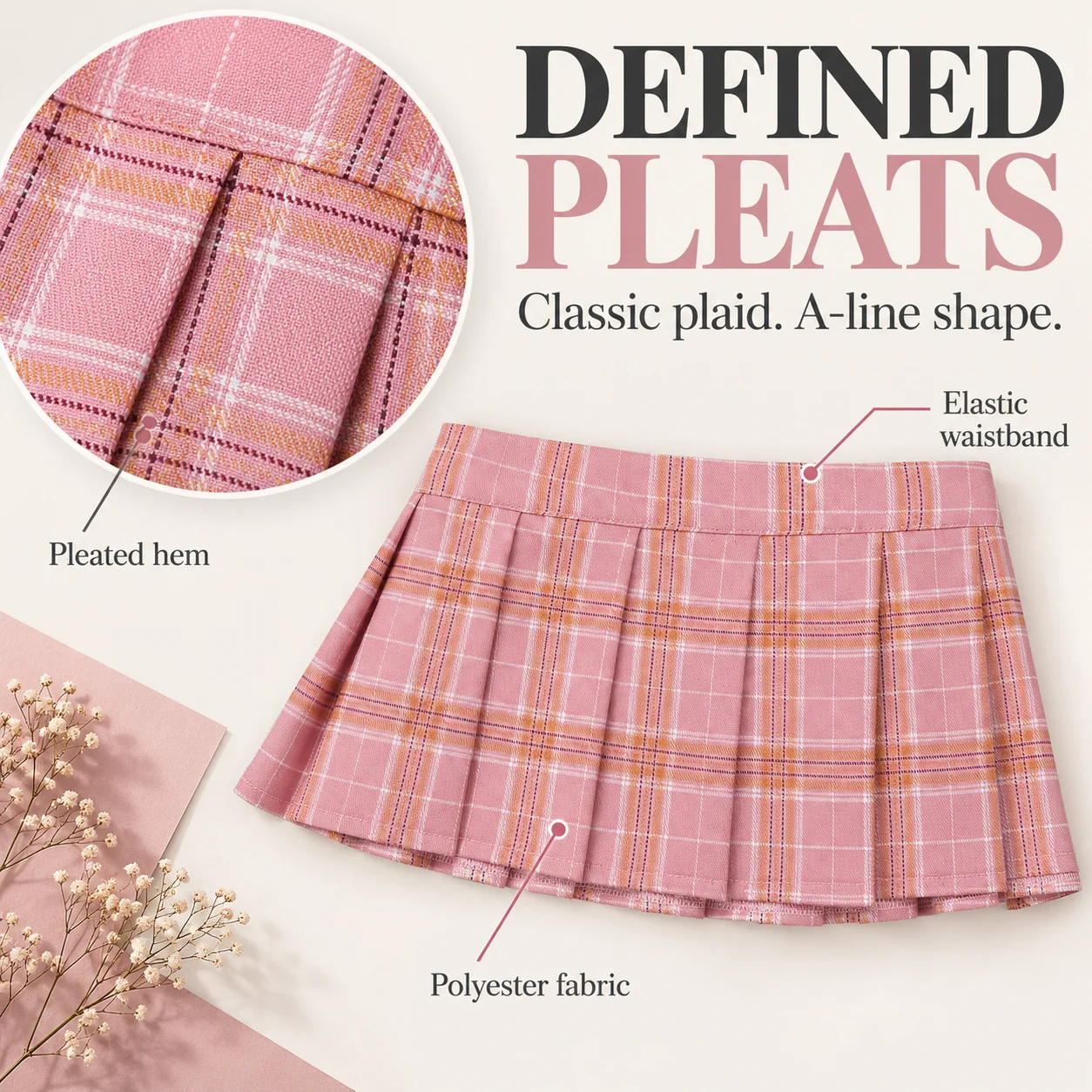Women's Plaid Pleated Mini Skirt with Elastic Waistband One Size 22 cm Short A-Line Polyester Skirt for Cosplay Parties