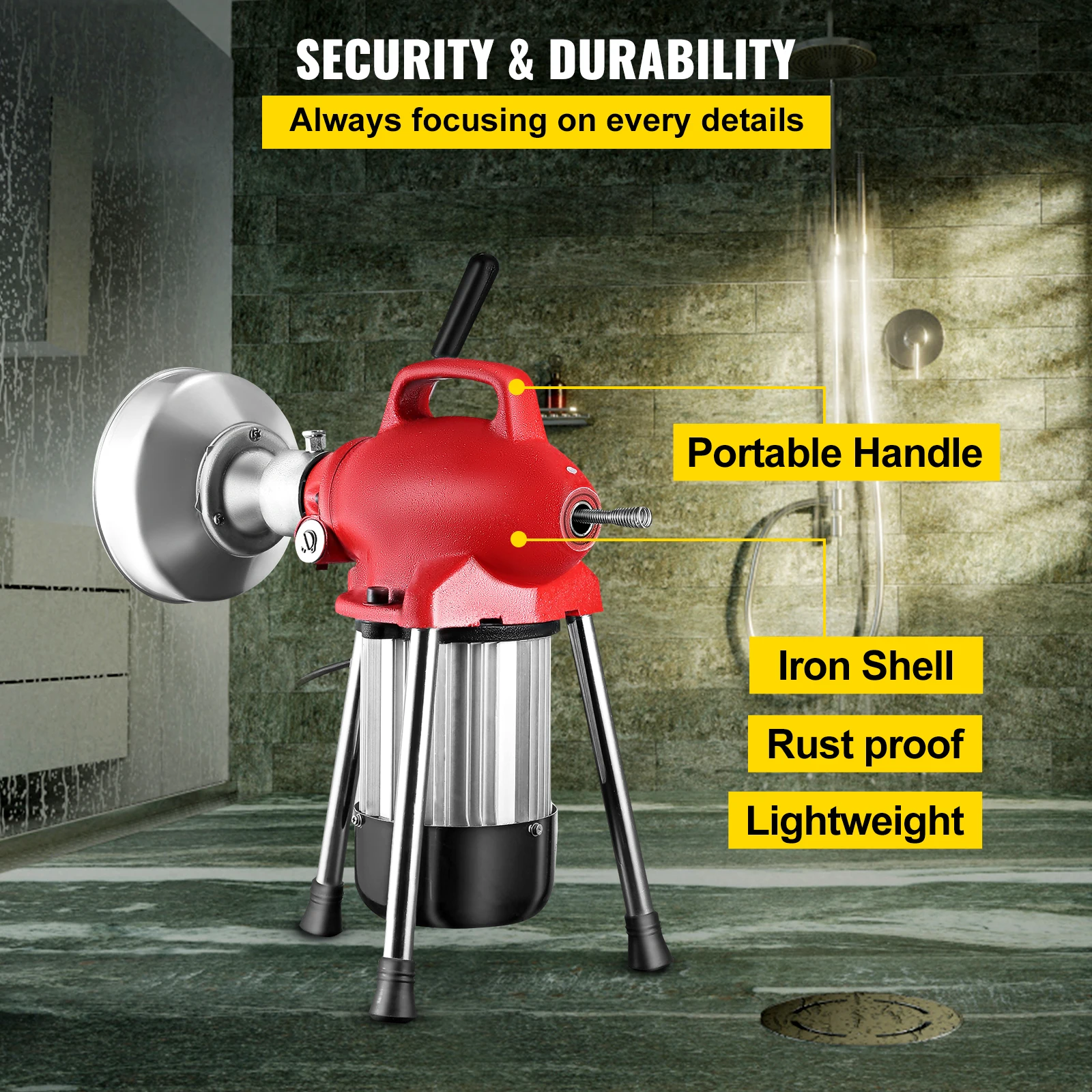 VEVOR Macchinetta Elettrica Portatile per Pulizia di Tubo Scarico Potenza da 250W/400W/500W Lunghezza di Cavo da 2,5m/3m/5m/12,5m/20m Motore in Rame Puro