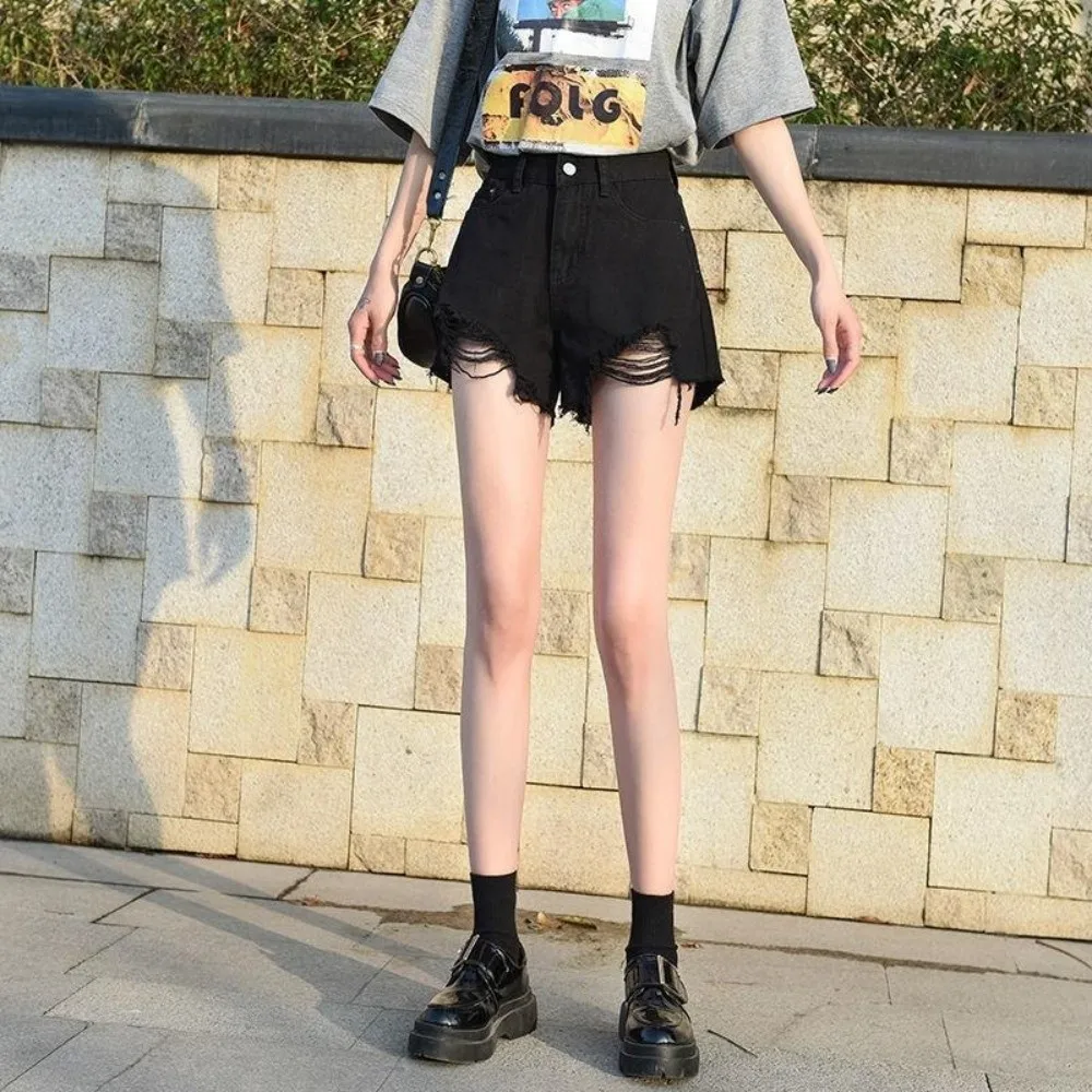Trendige Dehnbare Jeans-Shorts für Damen, Hochgeschnittene Zerrissene Denim-Shorts mit Ausgefranstem Saum, Vielseitige Kurze Hosen für den Sommer – Detail 18