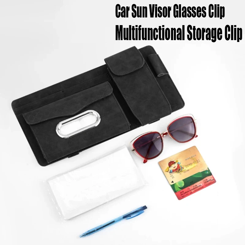 Car 4-In-1 Glasses Clip Sun Visor Multifunctional Storage Sunglasses Box Tissue Bag Car Storage Bag Interior Accessories