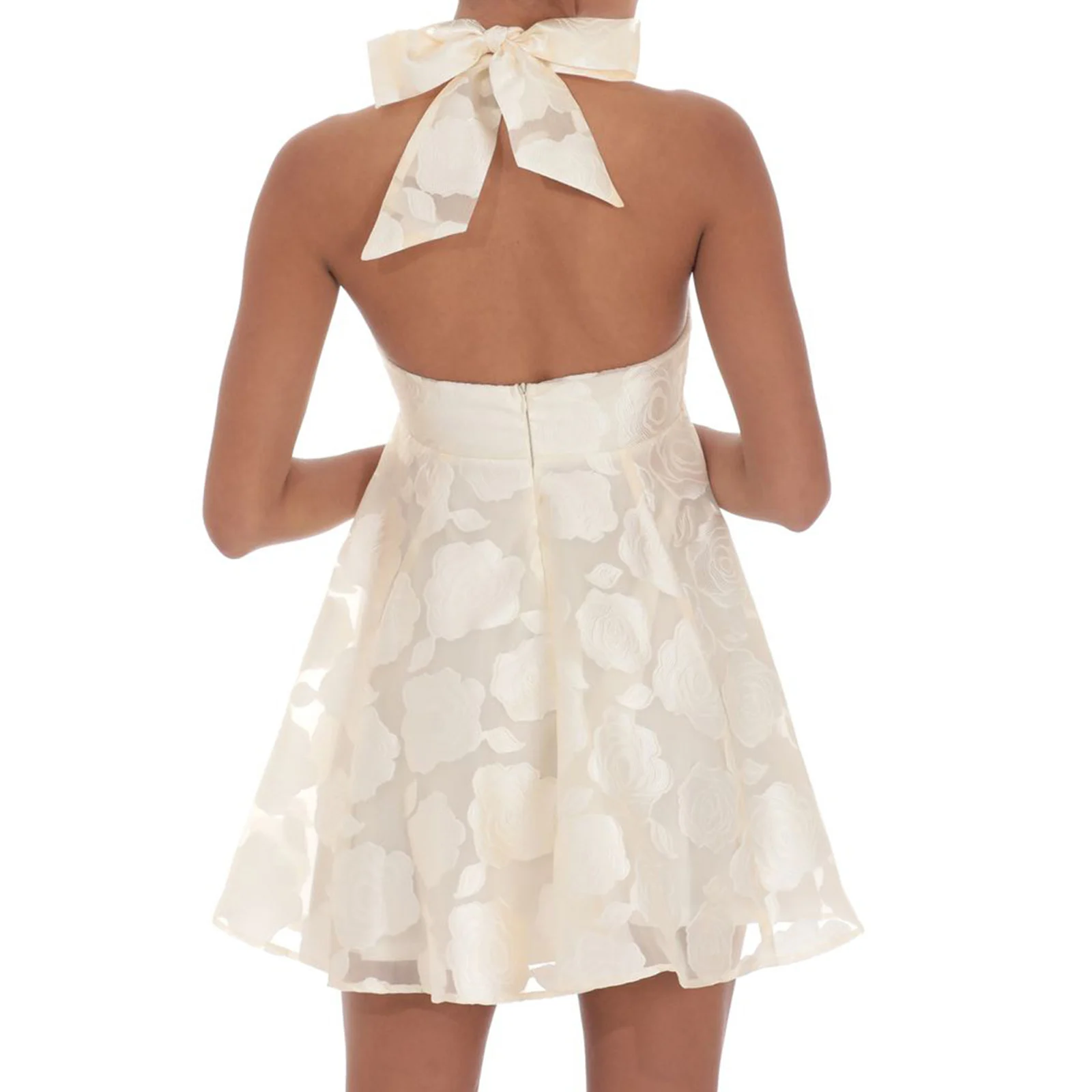 Women Sleeveless Mesh Halter Dress Casual Summer Floral Pattern Backless A-Line Mini Party Dress for Beach Club Streetwear