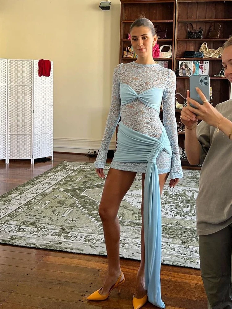 

Sheer Mesh Light Blue Lace Mini Dress Women Long Sleeve Twist Front Ruched Skirts Detachable Drape Bodycons Summer Cusual Gown