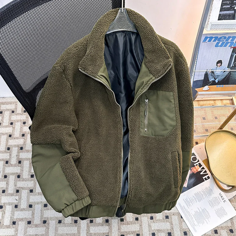 Winter Men Fleece Jacket Stand Up Collar Thickened Splicing Workwear Coat American Casual Fashion Retro Male Warm Overcoat