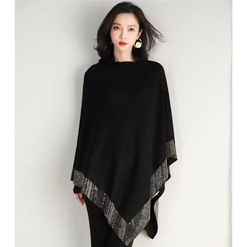 Female Half high Collar Loose Lrregular Pullover Sweater Women Diamond Cloak Spring Autumn Ladies Large Size 5XL Knitted Shawl