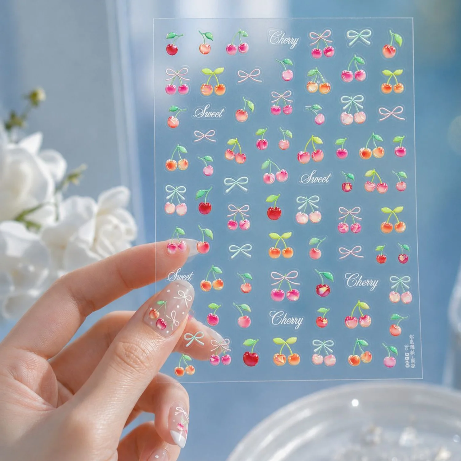 Cute Jelly 5D Nail Art Stickers Fruit Transparent Twin Red Cherry Matching Bow Cute Refreshing Self Adhesive Manicure Supplies