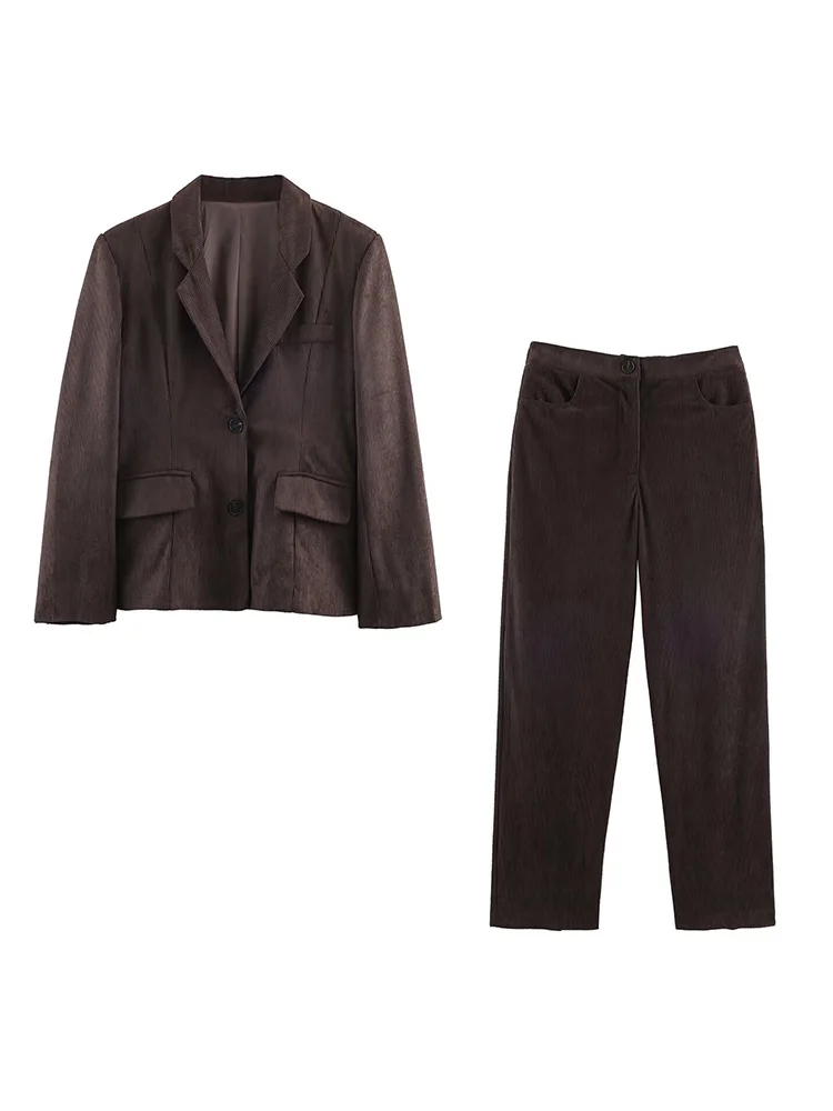 

HH Winter Women Elegant Suit Corduroy Single-Breasted Long-Sleeved Lapel Suit Jacket+Mid-Waist Pockets Zipper Wide-leg Pants