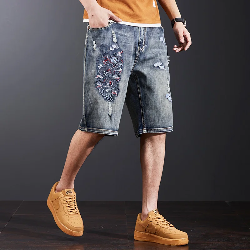 2024 New Chinese Dragon Embroidered Denim Shorts Men's Loose Hole plus Size Retro Washed Street Shorts