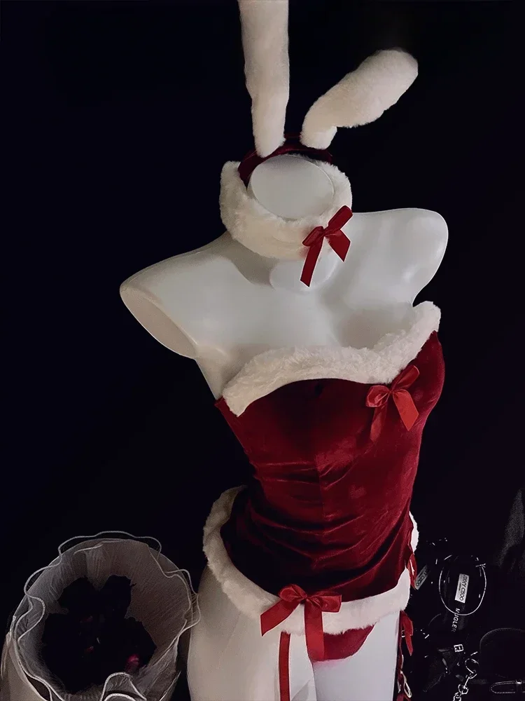 Red Christmas Bunny Lingerie Women Erotic Maid Cosplay Soft Plush  Dating Flirting costumes Japanese Anime Rabbit Uniform 2024