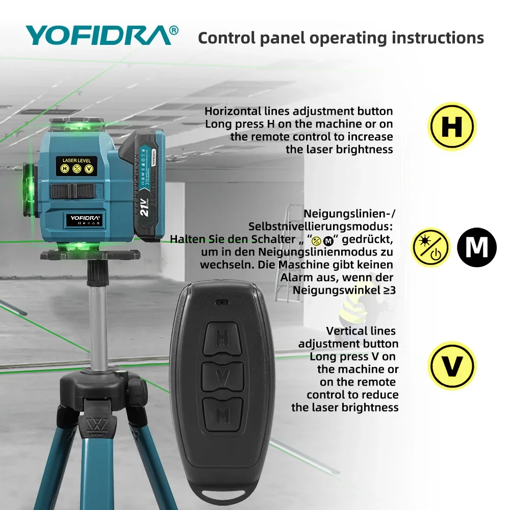 YOFIDRA 4D 16 Linien Ultra Leistungsstarker Grüner Strahl 360 ° Selbstnivellierende horizontale Lasernivelliergeräte mit 1-Meter-Stativ für Makita 21V-Akkus – Detail 11