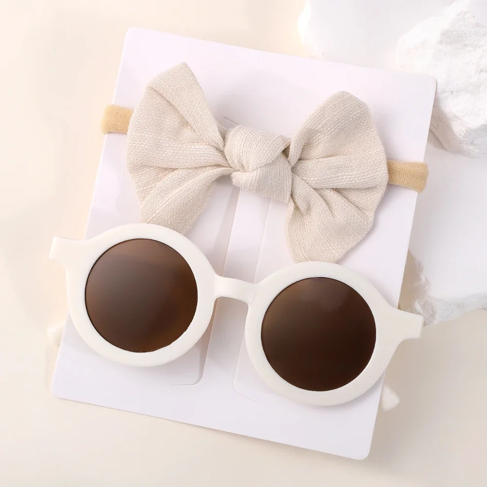 2Pcs/set Kids Summer Round Sunglasses Bows Headband Gift Sets Children Lovely Glasses Protection Hair Accessories for Girls