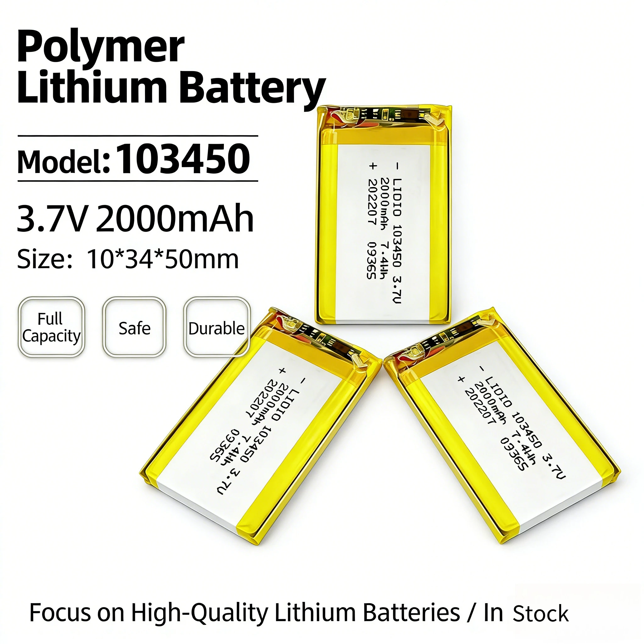103450 3.7V 2000mAh Lithium Polymer Rechargeable Battery JST PH2.0mm 2Pin Plug Replacement for Camera GPS MP3 Bluetooth Headset