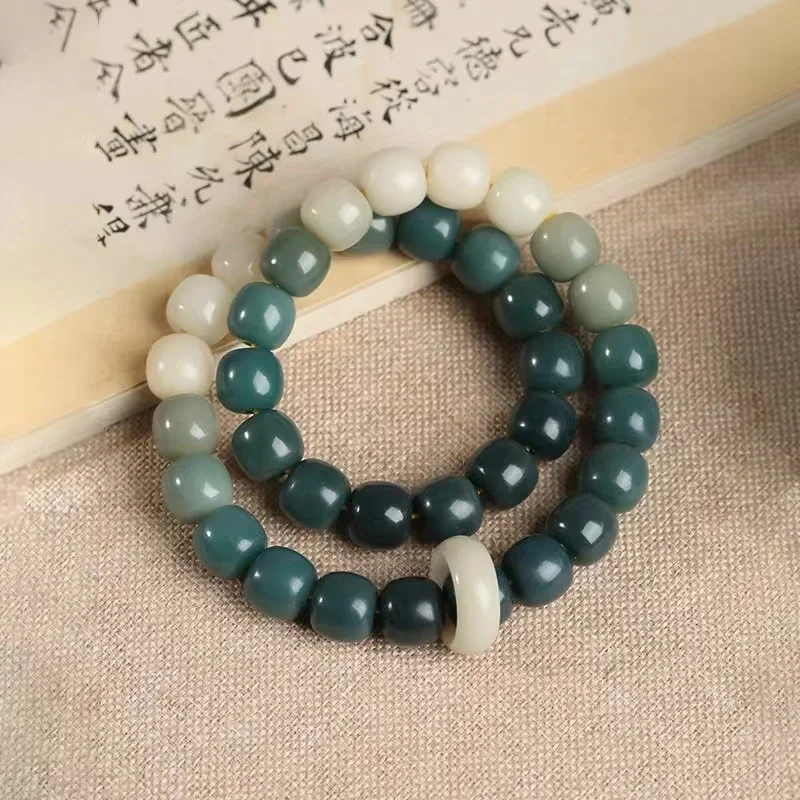 Gradient Green White Jade Bodhi Root Buddha Bead Hand String Buddha Meditation Bead Bodhi Rosary Bead Bracelet