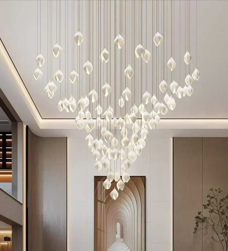 GHJUYIOL YECTSKIStair Long Chandelier Light Luxury Living Room Duplex lustre Postmodern Designer Hotel Lobby Ceramic Petal Led P