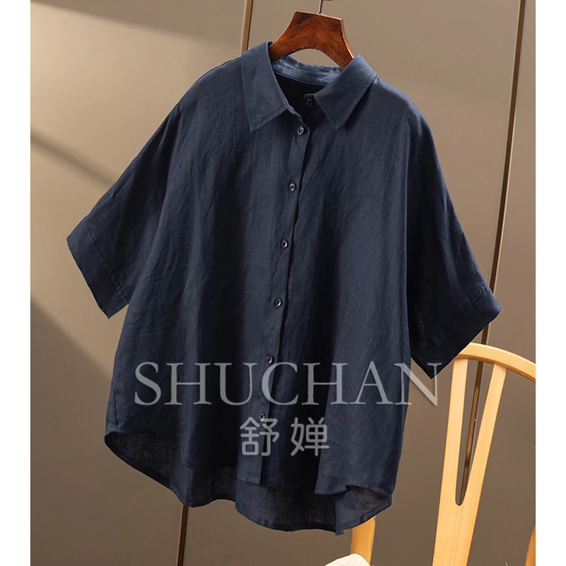 قميص نسائي عالي الجودة 100 كتان مخطط كبير بندول قوس سبعة كم قميص نسائي 49C0 Blusas Mujer De Moda 2025