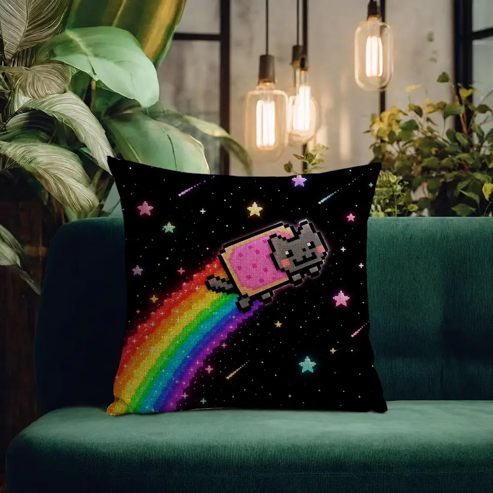 Meme Nyan Cat Cushion Cover Natural Linen Pillowcase Set All-in-One Decor Cushion Cover for Sofa Bedroom Chair