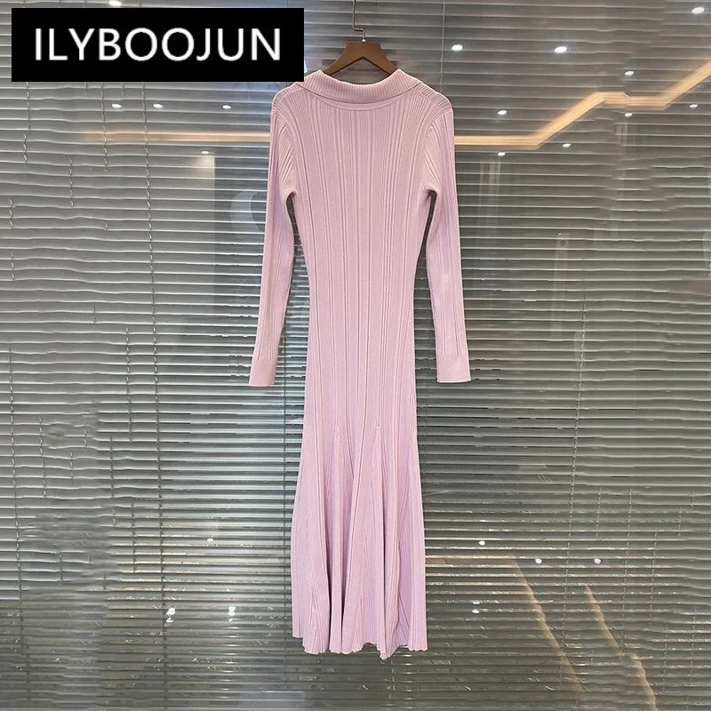 Women\'s pink knitted medium-length dress senior sense of fashion temperament polo collar waist-skimming long dress 2023 new