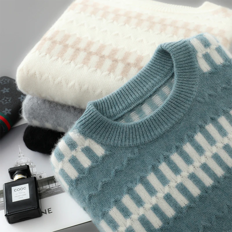 

Autumn And Winter 100% Pure Wool Men's Round Neck Thick Pullover Sweater Loose Cashmere Sweater Knit Bottoming Shirt