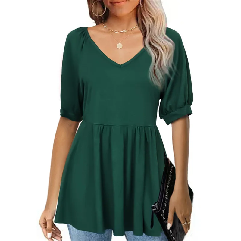 Bubble Short Sleeve Splicing Pleated Hem T-Shirt Fashion Women's V Neck Shrink Waist Tops Female Summer Solid Color Casual Tees