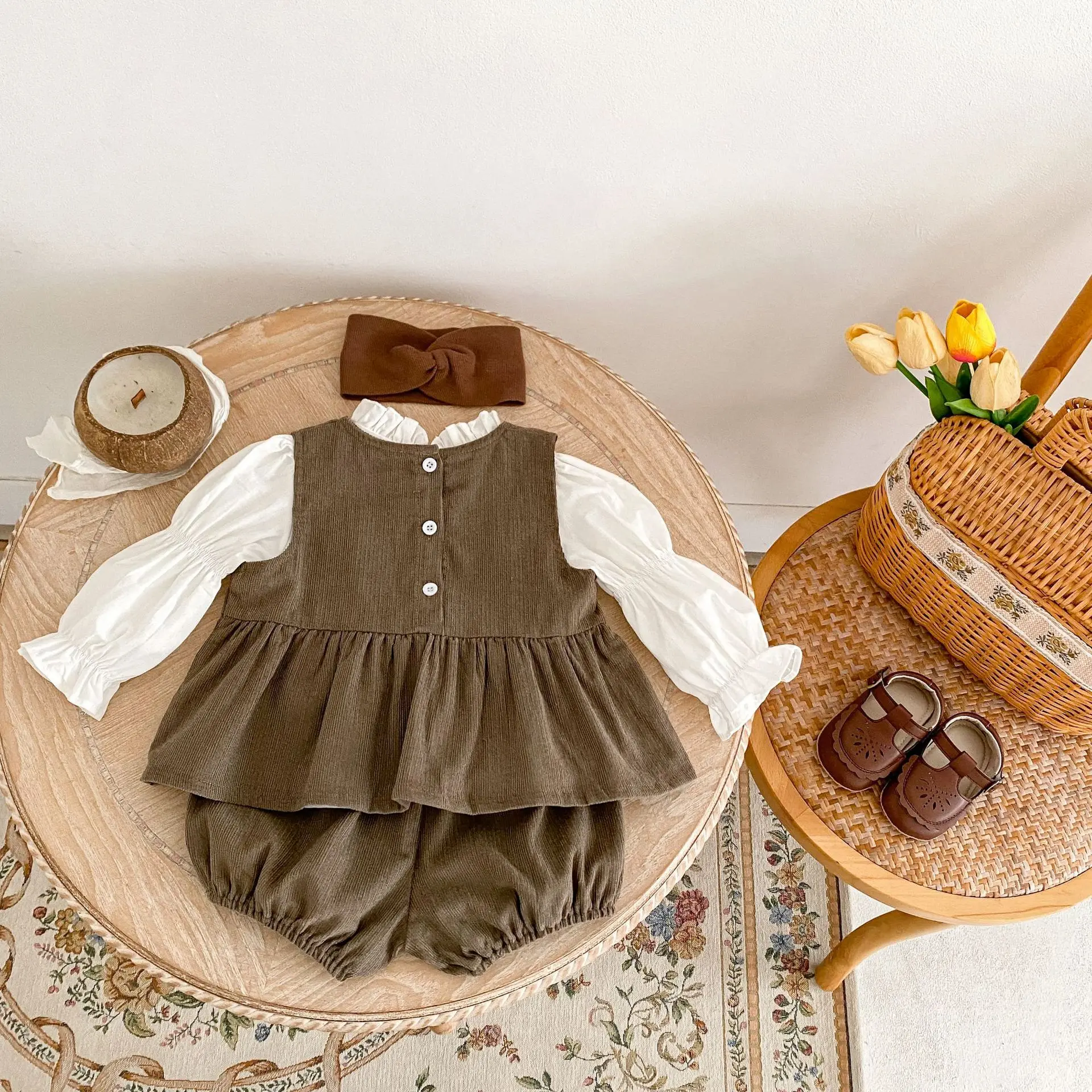 Ins Autumn Baby Corduroy Embroidered Vest Top Pants+Black Ear Collar Long Sleeve Bottom Shirt 3-Piece Set