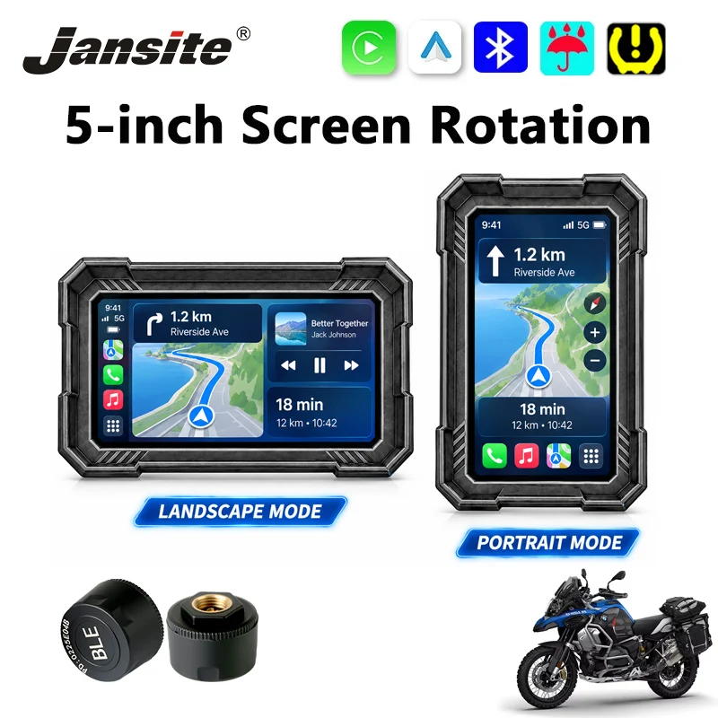Jansite Portable 5 inch Motorcycle Carplay GPS Navigation BT5.0 Android Auto Digital Dashboard Moto Monitor Screen Rotation