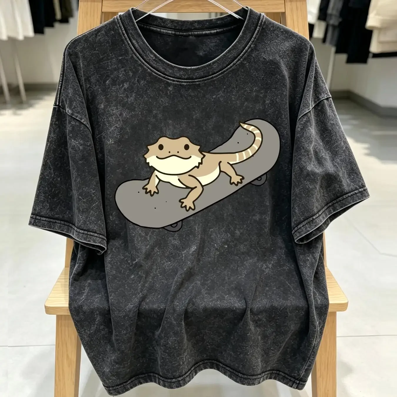 washed T Shirt Funny Bearded Dragon On Skateboard Cute Pet Lizard Lover long or short sleeves vintage Washed Soft Unisex Casual