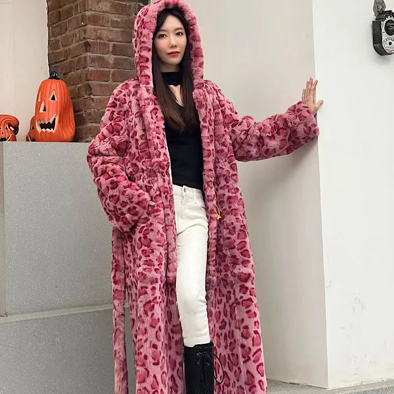 2022New Winter Women Real Hooded Rabbit Fur Coats   Fashion Long Pink Leopard Simple Warm Ladies Outerwear Luxurious Street