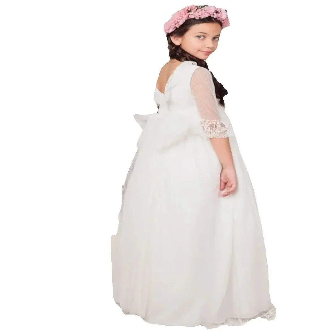 مع فيونكة بيضاء نصف كم لحفلات الزفاف وأعياد الميلاد وحفلات التواصل المقدس فساتين الأميرة زهرة فتاة فساتين الدانتيل الأبيض يزين