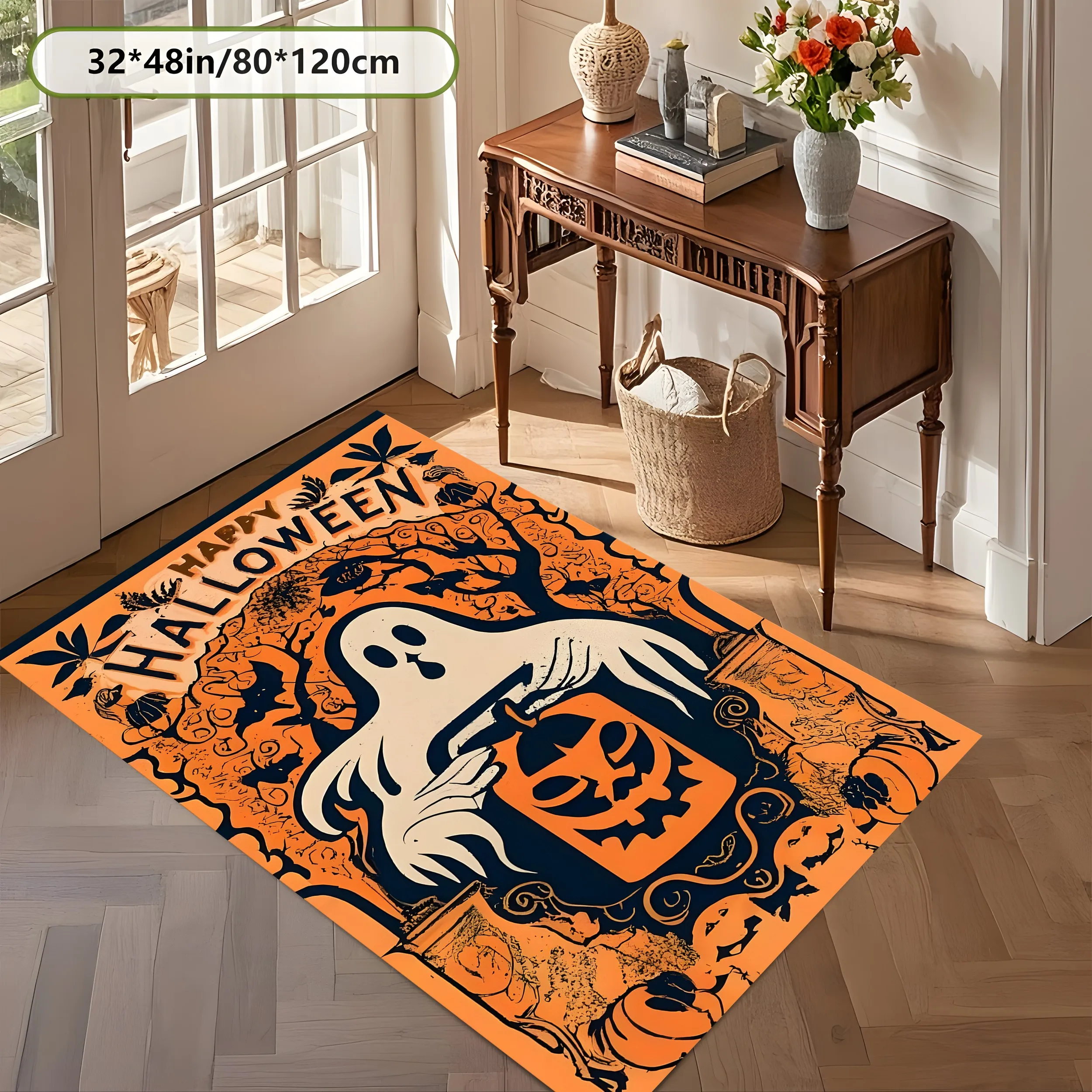 Ghost Pumpkin 2D Area Rug in Retro Quirky Style for Home, Halloween Party Decor