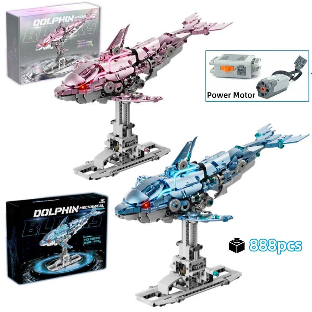 

888Pcs Mechanical Dolphin Building Blocks Set With Motor Light Pink Blue Ocean Animal Linkage MOC 3D Desktop Model Gift Idea