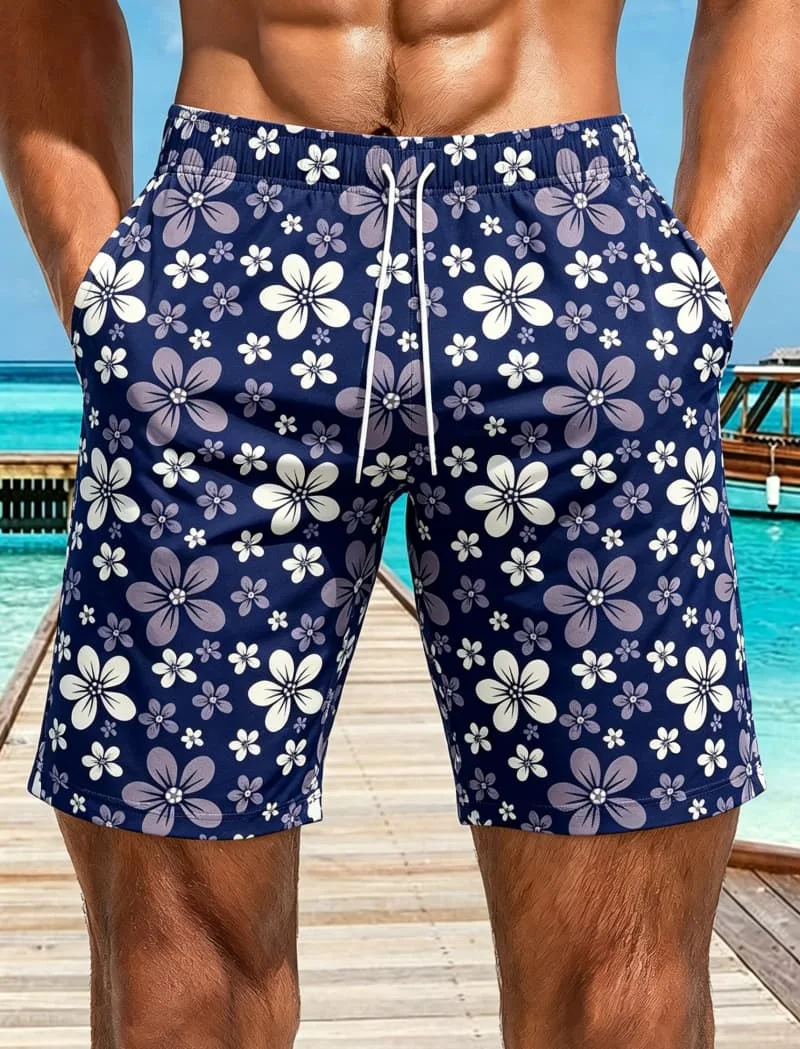 Men's floral print beach shorts, with delicate and fresh patterns, suitable for outdoor sports and beach strolls