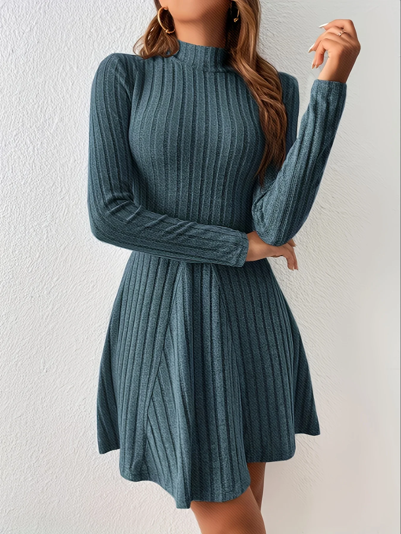 Knitted Dress Women Mini Dresses Turtleneck Knitting A Line Folds Knitwear Above Knee Vestidos Autumn Winter Office Lady 2025