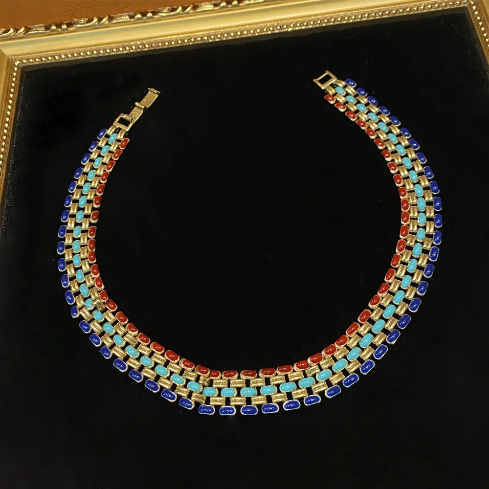 

Medium copper 18K gold vintage necklace with tri color enamel drip design for women jewlry whosale